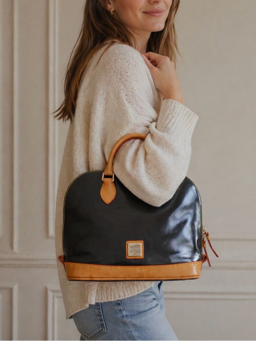 Vintage Dooney & Bourke Black Patent Leather Dome Satchel Top Handle Bag